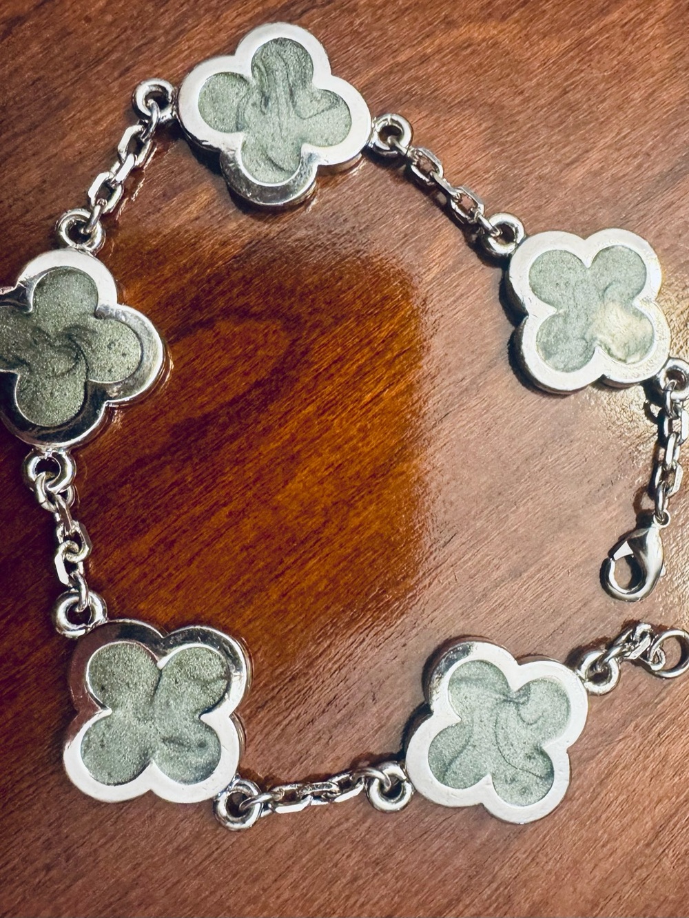 Silver Lucky Clover Bracelet with Sage Green Inlay